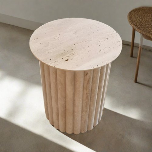 ANTONIO SET OF 2 ROUND TRAVERTINE SIDE TABLES SIDE VIEW - CASA DI ANDI